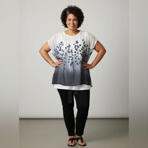 Willow & Thread Women’s white t-shirt tee, grey-blue sheer overlay. Size XXL